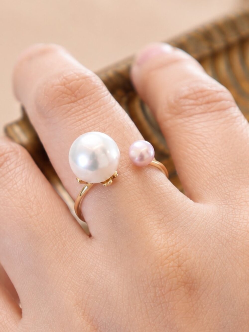 White & Lavender Freshwater Pearl Ring 925 Sterling Silver 14K Gold Plated Adjus